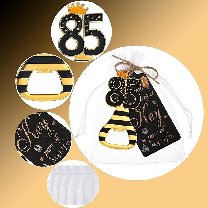 24pcs 85th Gold Keychain Bottle Opener 85th Birthday Party Favors, 85 Keychain Beer Bottle Opener Favors Anniversary Souvenirs Return Gifts for Guests Party Decor Supplies (black 85)