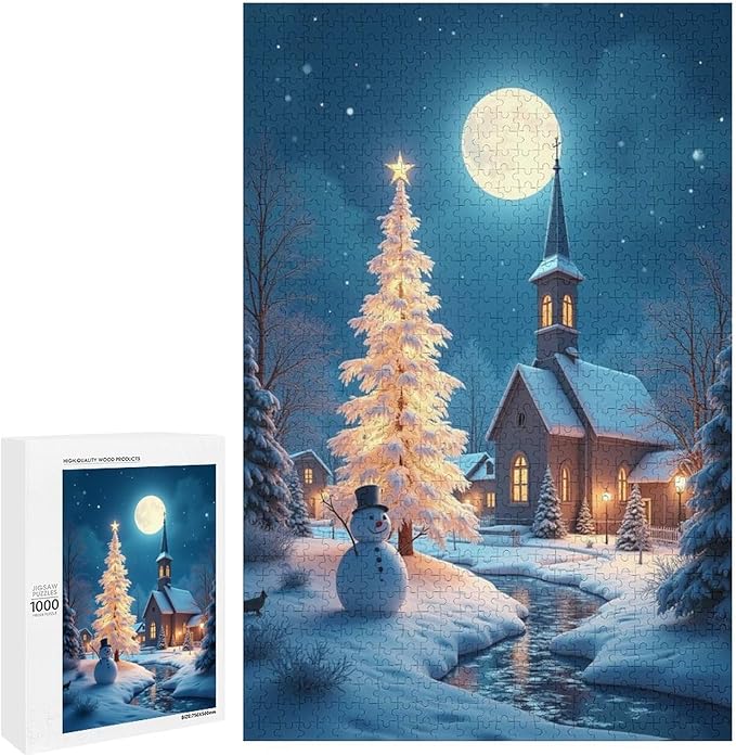 Wooden Puzzle - Church of The Nativity with Snow and Snowmen Jigsaw Puzzles，Wooden Puzzles for Adults 1000 Pieces Challenge Puzzles，Educational Games，Family Puzzles