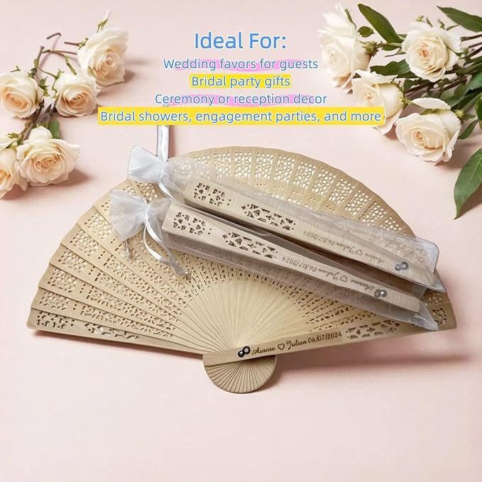 30Pcs Personalized Sandalwood Wedding Fans -Custom Elegant Handheld Fans for Brides, Grooms, and Guests - Perfect Wedding Favors and Decor (with Organza Bags)