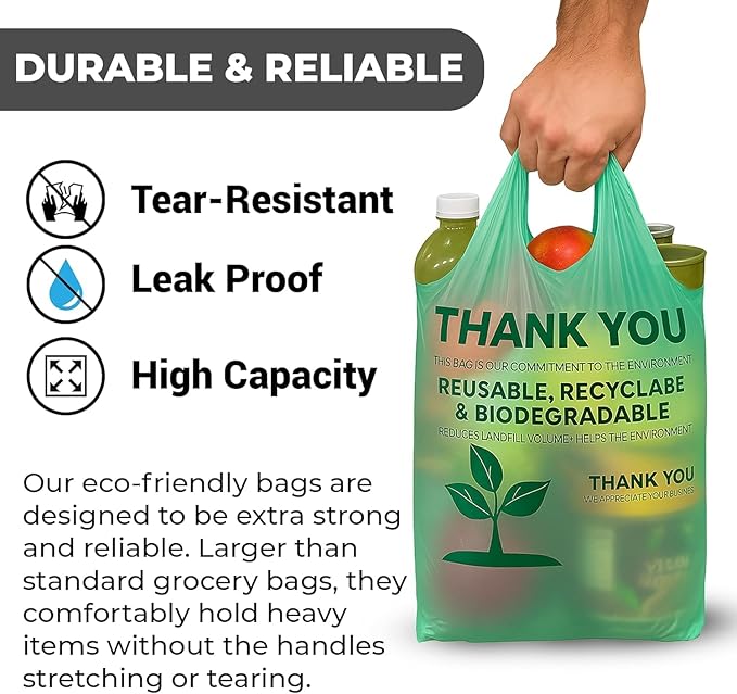 Eco Grocery Bags 100 Pack - Heavy-Duty Plastic Shopping Bags with Reinforced Handles, Durable Retail Carry-Out Bags for Groceries, Takeout, Household Use, Convenience Stores, Markets & Small Business