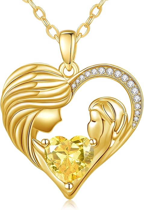 Mother and Daughter/Son Love Heart Necklace White Gold/14K Gold/Rose Gold Birthstone Jewelry Christmas Mothers Day Birthday Gifts For Mom Wife Grandma Women