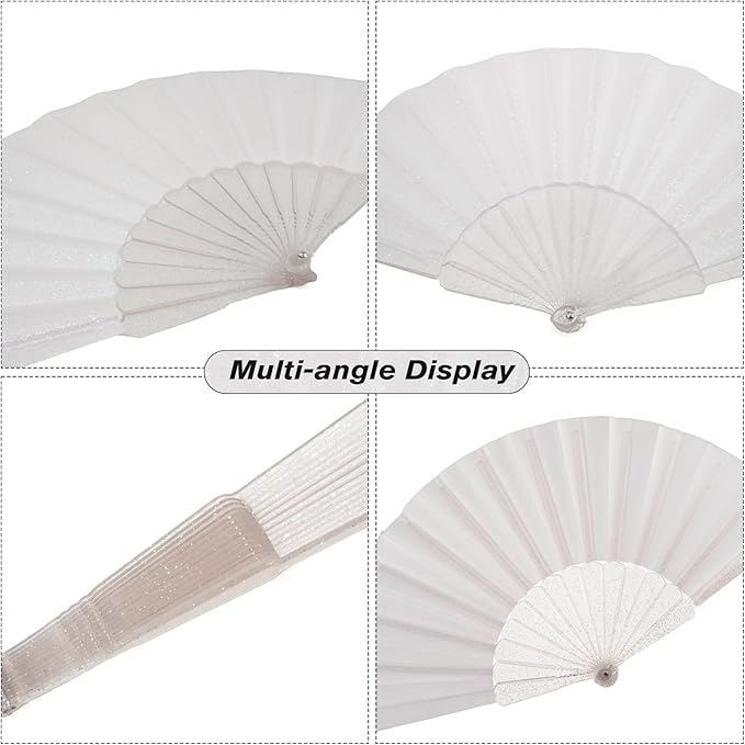 48 Pack Handheld Fan,Folding Hand Glitter fan with Shining Transparent Fan Rib – Ideal for Wedding, Church, Festival, Dance, Tea Party, Club, and EDM Accessories, White