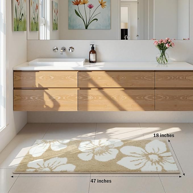 Uphome Bathroom Runner Rug, 18x47 Modern Floral Long Bath Mat Non Slip, Soft Machine Washable Absorbent Quick Dry Bathroom Mat for Tub, Shower, Floor (Beige)
