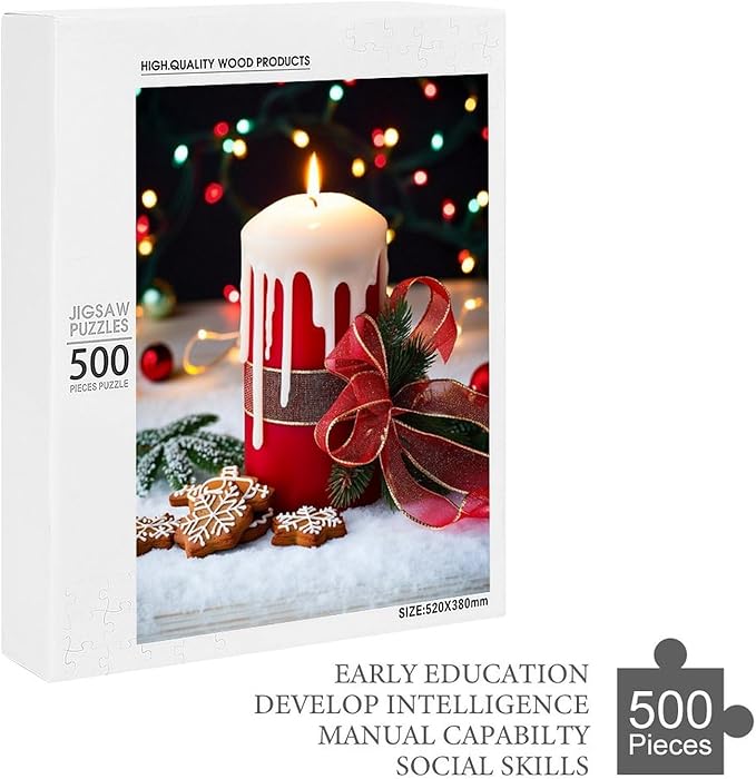 Merry Christmas, Christmas Candles Wooden Puzzle 500 Pieces Jigsaw Puzzles for Adults Puzzle Educational Toys Challenging Fun Games Gifts for Elders Kids Family and Friends