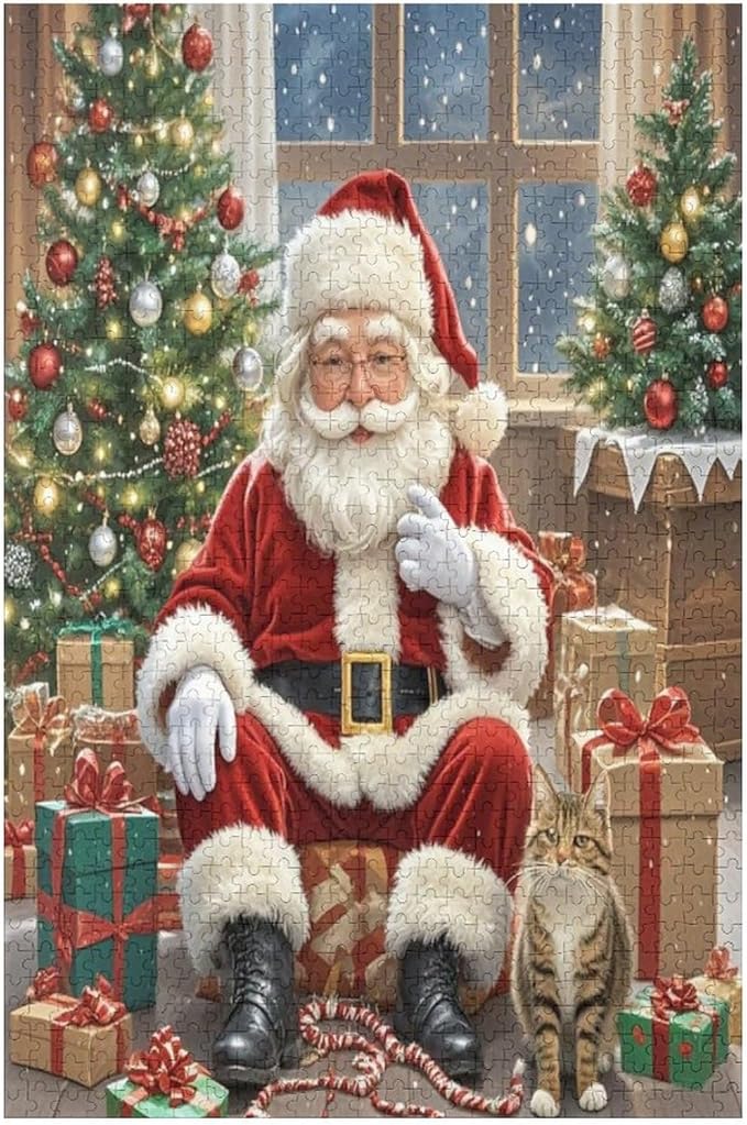 Puzzles for Adults 1000 Pieces Wooden Jigsaw Puzzle - Santa Claus and Kitten Christmas Series Theme Puzzle，Party Games，Family Toys，Educational Puzzles，Stress Relief Wooden Puzzle，Home Decoration