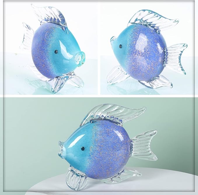 Blue Glass Fish Art Decoration Hand Blown Glass Fish Figurine, Art Paperweight Collection, Modern Office Luxury Decorations(WA-7)