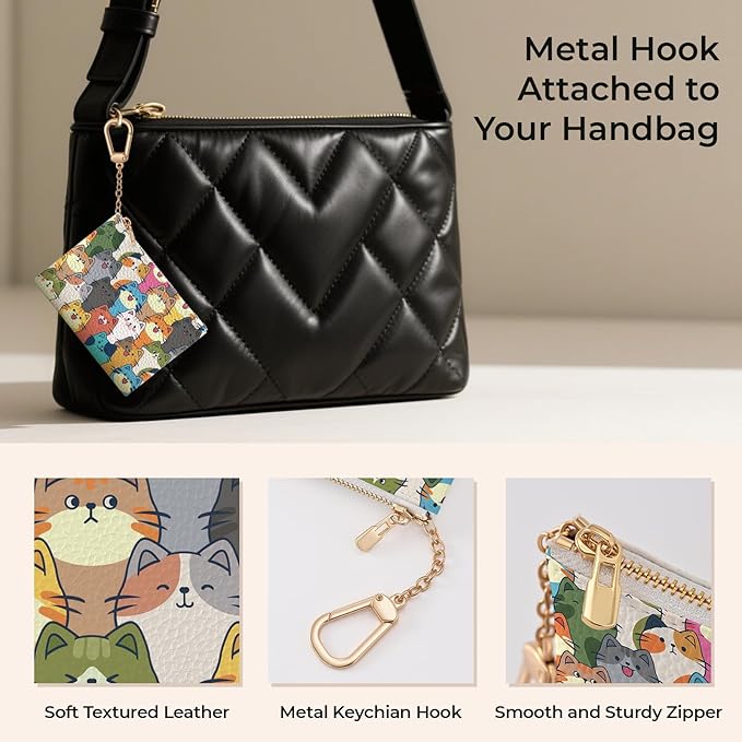 Colorful Cats Keychain Coin Purse for Women, Cute Small PU Leather Change Pouch, Zipper Little Tiny Travel Wallet for Girls, Cute Kawaii Zip Pocket Coin Holder with Key Ring