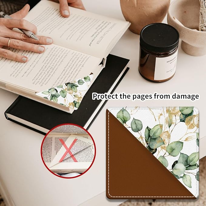 Cute Leather Bookmarks, Fun Triangle Making Corner Bookmark, Book Accessories for Reading Book Lovers, Unbreakable Page Markers for Women Men Cute Green Leaf