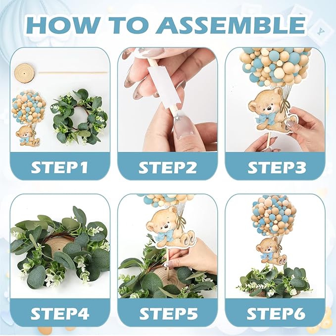 12 Set Blue Baby Shower Table Centerpieces Decortion Blue Bear with Eucalyptus Wreath Wood Slices Welcome Baby Table Topper for Gender Reveal It's A Boy Party Favors