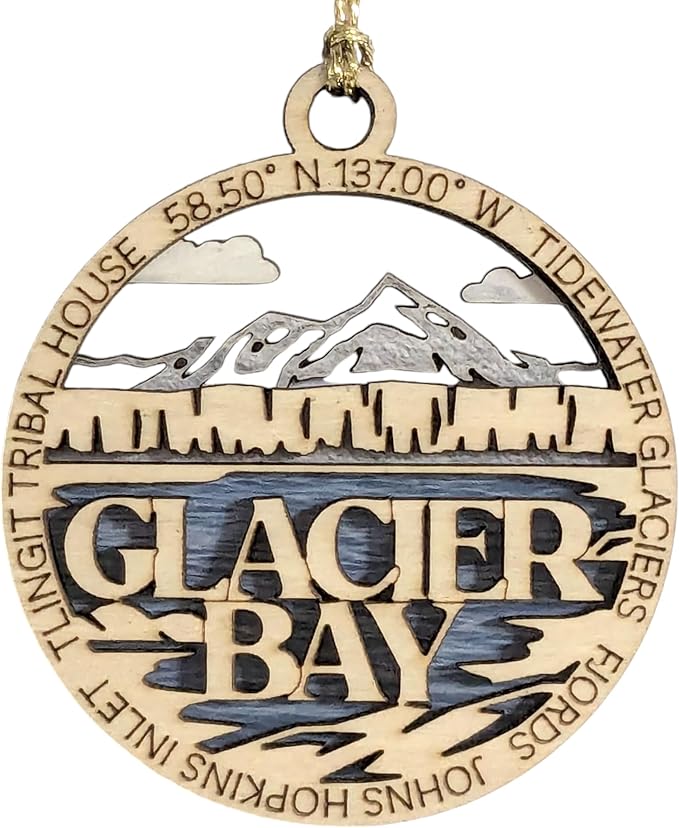 Glacier Bay National Park Scene showcasing Glacier Bay's Tidewater Glaciers & Fjords - 2-Layer Wood Ornament, 3" Round, Laser Cut, Made in USA