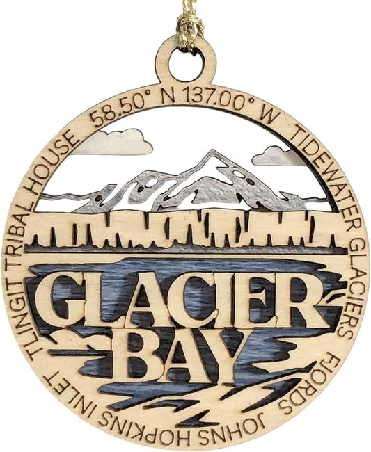 Glacier Bay National Park Scene showcasing Glacier Bay's Tidewater Glaciers & Fjords - 2-Layer Wood Ornament, 3" Round, Laser Cut, Made in USA