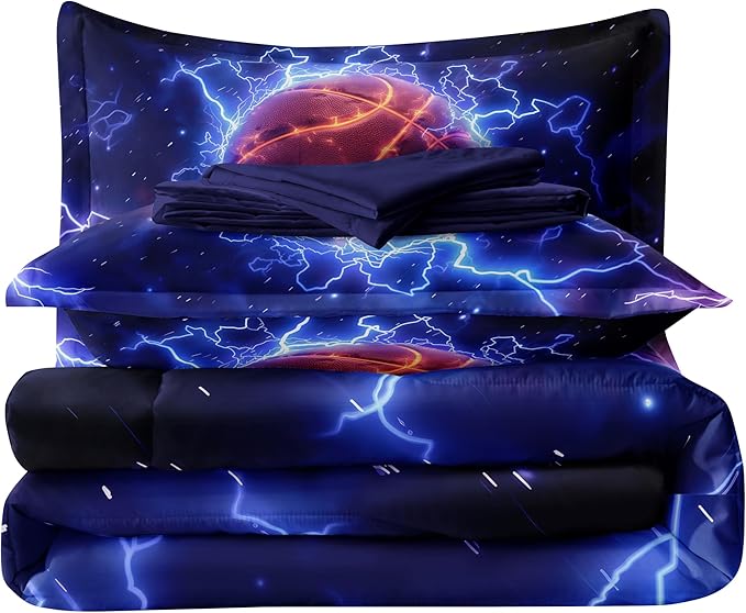 Helloosun 5PCS Basketball Comforter Set Twin,Sports Bedding Sets for Boys,Twin Comforter Sets for Boys,Blue Lightning Basketball Bedding Set with Sheets