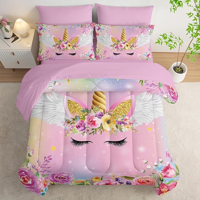 Unicorn Comforter Set Queen - 7 Pcs Floral Girls Bedding, Pink Purple Blue Girls Quilt Set, All Season Microfiber Comforter, Sheets, Pillowcases