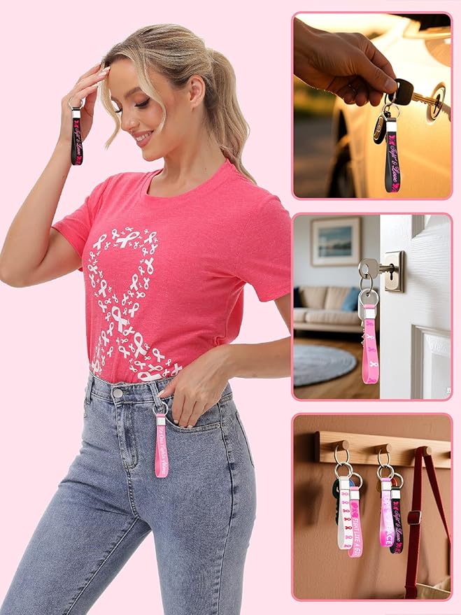 36pcs Breast Cancer Awareness Silicone Keychains Hope Faith Strength Pink Ribbons Motivational Rubber Keychains for Women Breast Cancer Awareness Decoration Party Favor Gift Supplies