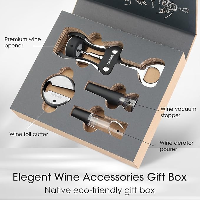 Beneno Multifunctional Wine Bottle Opener Gift Wing Corkscrew, Foil Cutter, Vacuum Stopper & Aerator Pourer, Perfect for Wine Lovers Man Woman, Elegant Black