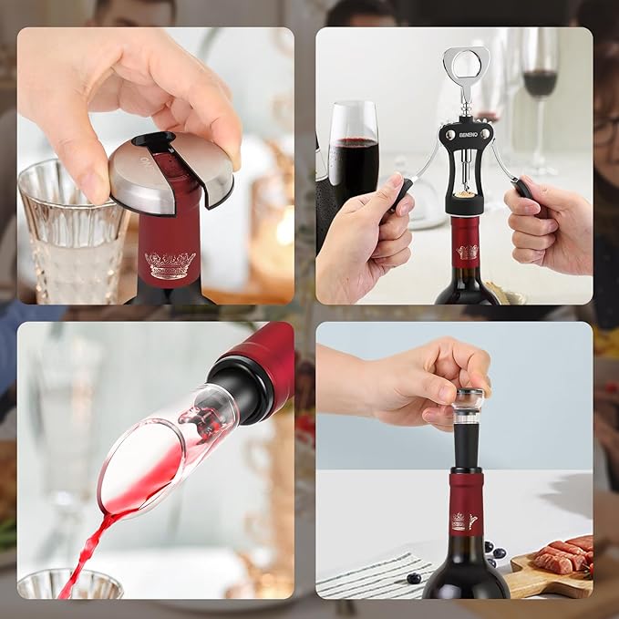 Beneno Multifunctional Wine Bottle Opener Gift Wing Corkscrew, Foil Cutter, Vacuum Stopper & Aerator Pourer, Perfect for Wine Lovers Man Woman, Elegant Black