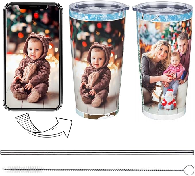 Personalized Custom tumbler Coffee Mug with Lid and Straw Hot and Cold Stainless Steel Vacuum Insulated Travel Mug with Photo Personalized tumbler Gift (20 oz, Funnel，2 photos)