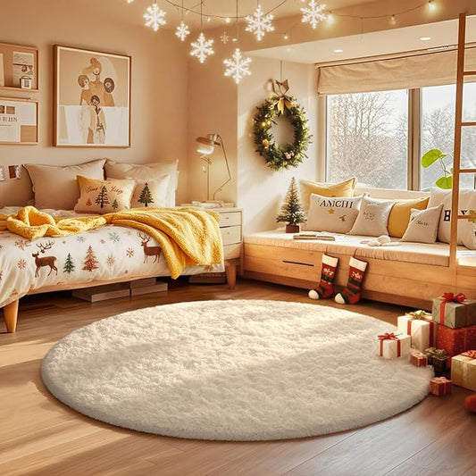 Ophanie Round Rug 4Ft Ivory Circle Area Rugs, Fluffy Fuzzy Small Bedroom Carpet 4 foot, Plush Shag Floor Cream Living Room Christmas Circular Aesthetic Decor for Kids Teen Boys Baby, Nursery,Classroom