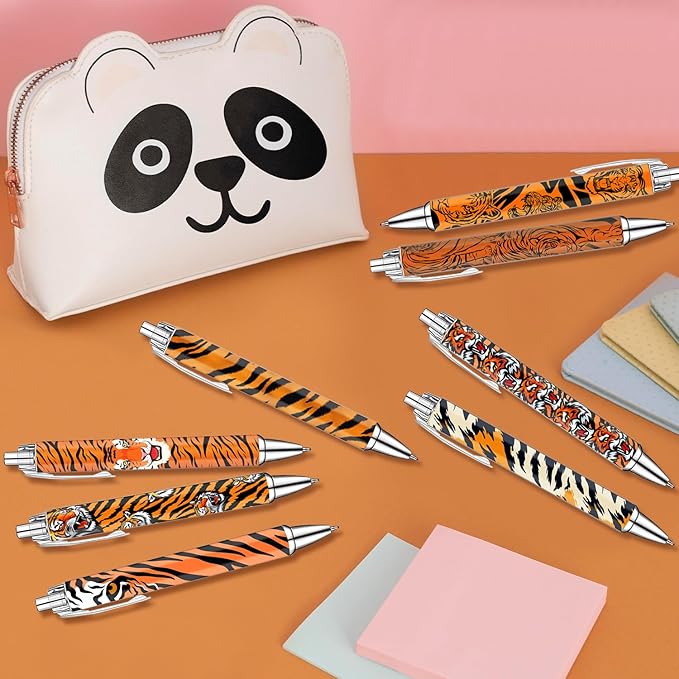 Idealmuzik Tiger Print Pens Set – Wild Animal Pattern Gel Pens for Kids, Teens, and Adults – Stylish Orange & Black Tiger Stripe Stationery for School, Office, Journaling, and Gift Giving, 8 Pack