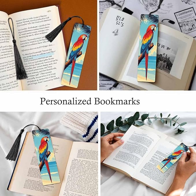 Parrot Bookmarks 5 Pcs with Tassels Bird Palm Summer Beach Wooden Bookmarks for Reading Women Students Teacher Reader