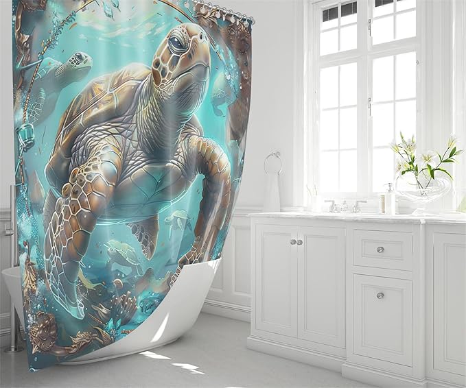 4 Pcs Ocean Shower Curtain - Sea Turtle Shower Curtain Under The Sea Curtain for Bathroom Ocean Bathroom Sets with with 12 Hooks