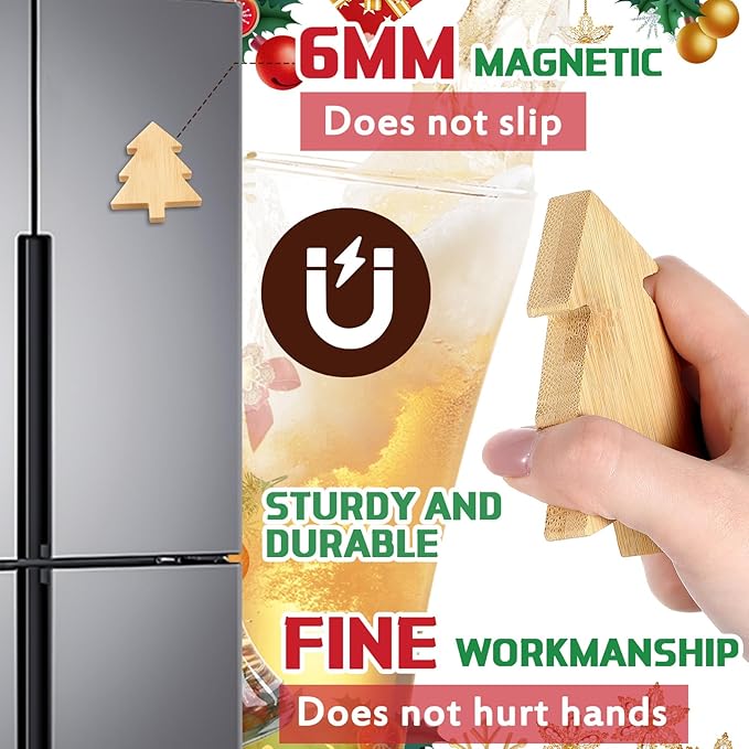Vesici 12 Pcs Magnetic Bottle Opener 2.5in DIY Bamboo Christmas Tree Shape Beer Openers Wooden Fridge Magnet Refrigerator Sticker Gift for Beer Lover Wedding Guest Kitchens Bars Parties