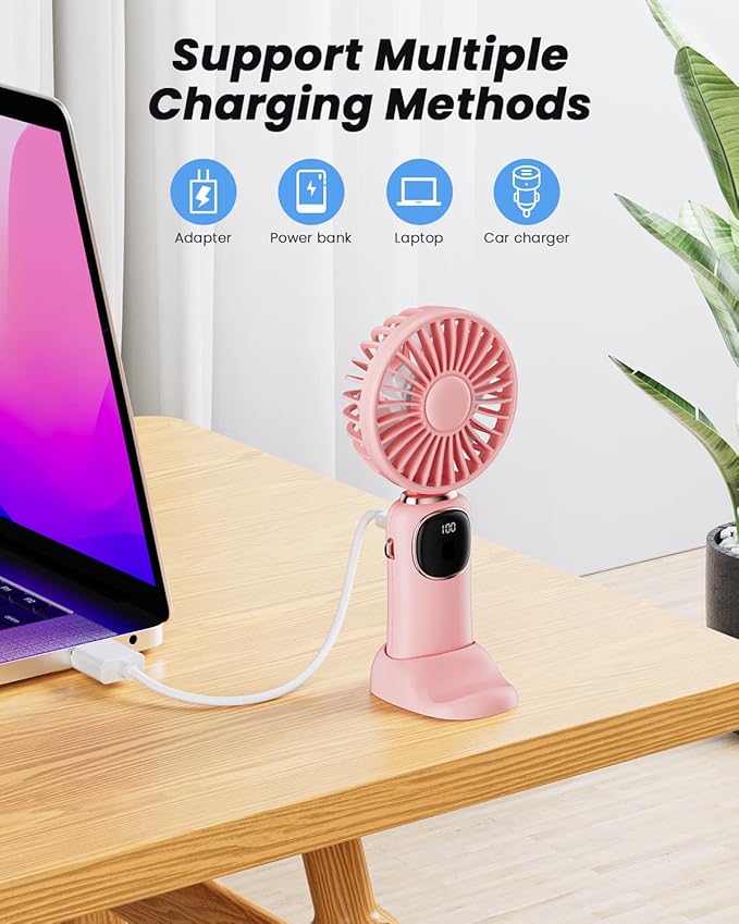 coldSky Portable Handheld Fan, 4000mAh Battery Operated with LED Display, Handheld/Neck/Desk 3 in 1 Personal Small Fan, 90° Foldable Desk Fan with Base, 5 Speed Lash Makeup Fan for Women