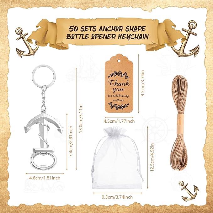 50pcs Anchor Keychain Bottle Opener for Wedding Baby Shower Party Gift Decoration, Nautical Themed Give Away Souvenir for Birthday, Graduation Party Celebration (Silver)
