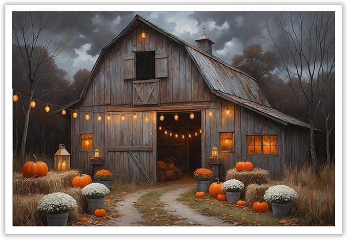 Vintage pumpkin hydrangea barn print abstract nature country artwork home decor farmhouse canvas poster28x40in(70x100cm)- Unframed