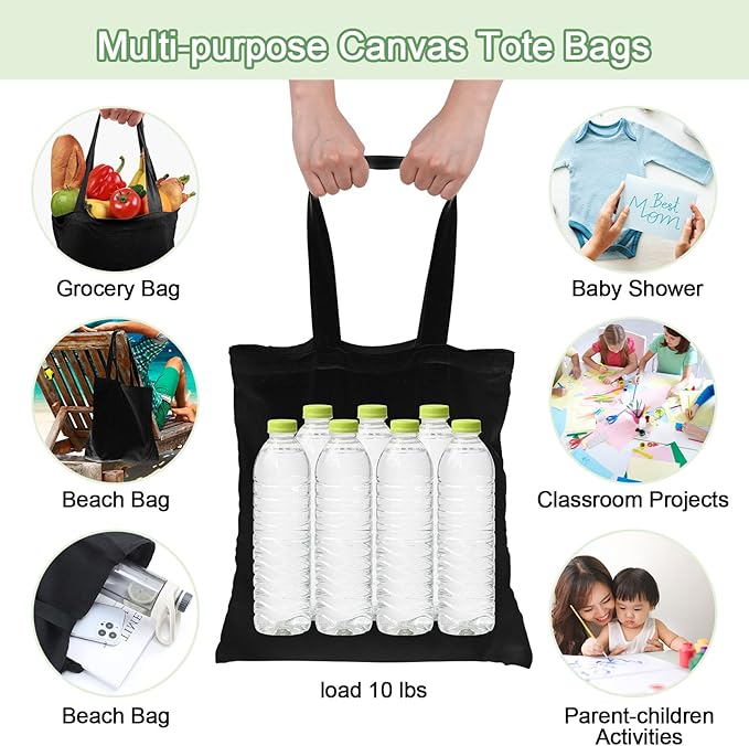 Roowest 120 Pieces Cotton Tote Bag Bulk 15 x 16 Inch Blank Canvas Tote Bags Reusable with Long Handle for Women Men DIY(Black)