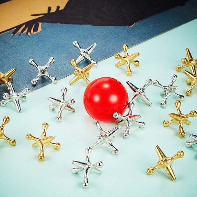 Gejoy 2 Sets Metal Jacks Game with Ball 2 Pieces Red Rubber Balls and 20 Pieces Classic Retro Vintage Jacks Toy for Kids and Adults for Christmas Birthday Party Game