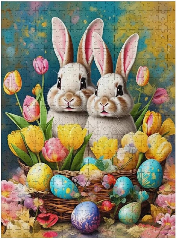 Wooden Puzzle - Easter Tulips Bunny Jigsaw Puzzles，Wooden Puzzles for Adults 500 Pieces Unique Gifts for Wall Art，Challenge Puzzles，Educational Games，Family Puzzles