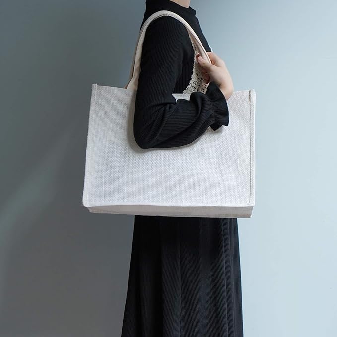 Segarty Tote Bags, 3 Pack Large White Burlap Jute Reusable Canvas Gift Favors Bag with Handles Blank Tote Bulk for Bridesmaid Wedding, Women Market Grocery Shopping, Bachelorette Party, Beach Trip