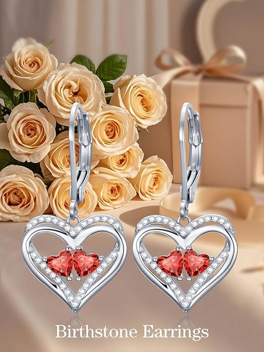 Heart Leverback Earrings Double Birthstone Dangle Earrings for Women, Love Jewelry for Her, Christmas Gifts for Women, Anniversary Birthday Gift for Mom Wife Girlfriend