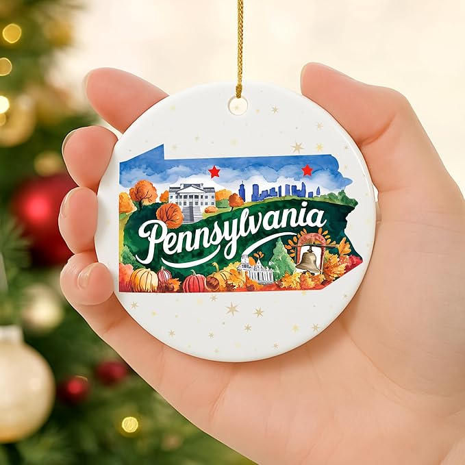 USA State Landmark Ceramic Ornament – Round Glossy Christmas Decoration Featuring U.S. State Art, Landmarks & Holiday Scenery – Collectible Travel Souvenir Ornament Series (Pennsylvania)