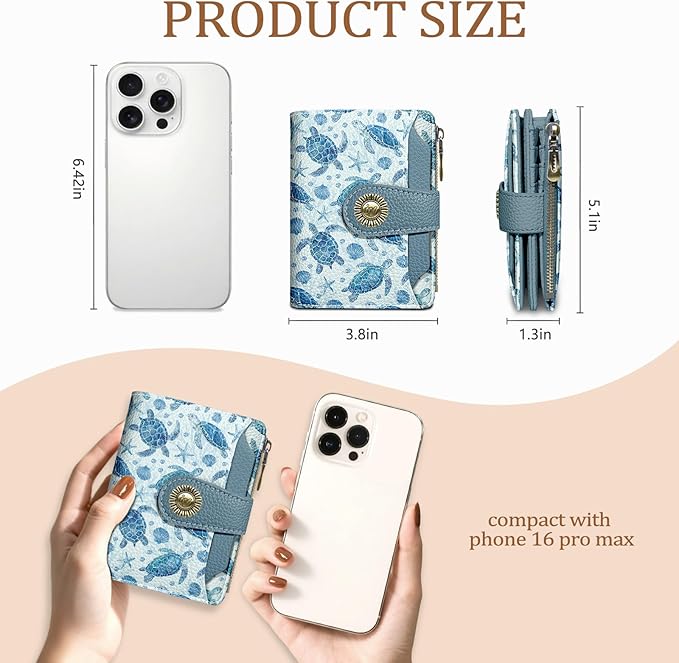 Sea Turtle Small Wallet Women RFID Blocking Bifold, Credit Card Holder, Zipper Coin Pocket, PU Leather, Cute, Compact, Travel, 4 ID Window, 14 Card Slots, Cash Purse, Ladies Woman Female Girls