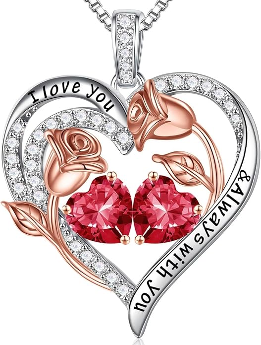Iefil Valentines Day Gifts for Her - 925 Sterling Silver Rose Heart Birthstone Necklace Birthday Anniversary Jewelry Gifts for Her Wife Mom Daughter