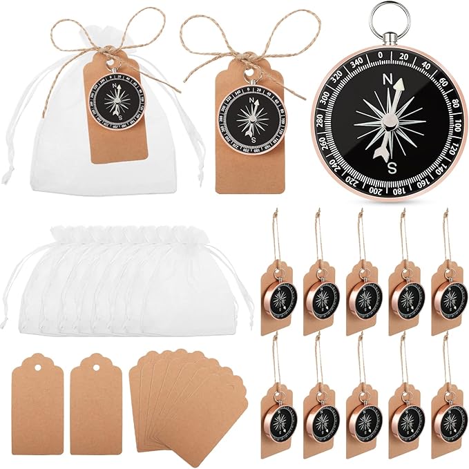 TaoBary 60 Pcs Compasses Valentines Day Wedding Party Favors Set, 2026 Mini Compass Souvenir Nautical with Kraft Tags and Organza Bag for Guests Birthday Nautical Travel Party Souvenir Gift(Rose Gold)