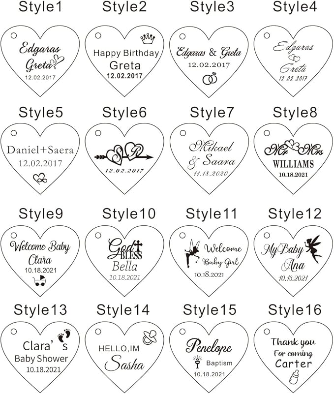 30Pcs Custom Wedding Mirror Tags with Holes,Personalized Acrylic Heart Tags,Lettering Name Logo for Baby Shower Favor Valentines Day Handmade Items Wedding Favors Birthday Party