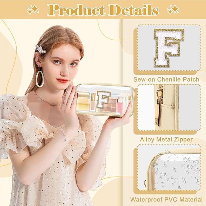 Personalized Initial Letter Clear Makeup Bag,Preppy Small Nylon&PVC Cosmetic Zipper Bag with Chenille Letter,Portable Beach Travel Skincare Toiletry Bag,Trendy Monogram Gift for Teen Girls Women,F