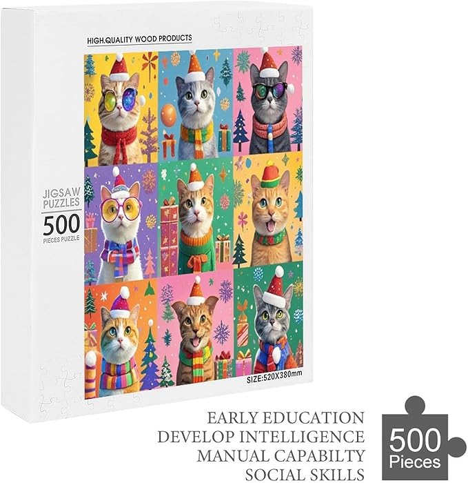 Wooden Puzzle 500 Pieces Adult - Christmas Dog Cat Puzzle Christmas Puzzles, Holiday Puzzles, Family Toys, Party Games, Jigsaw Puzzle Challenge and Funny