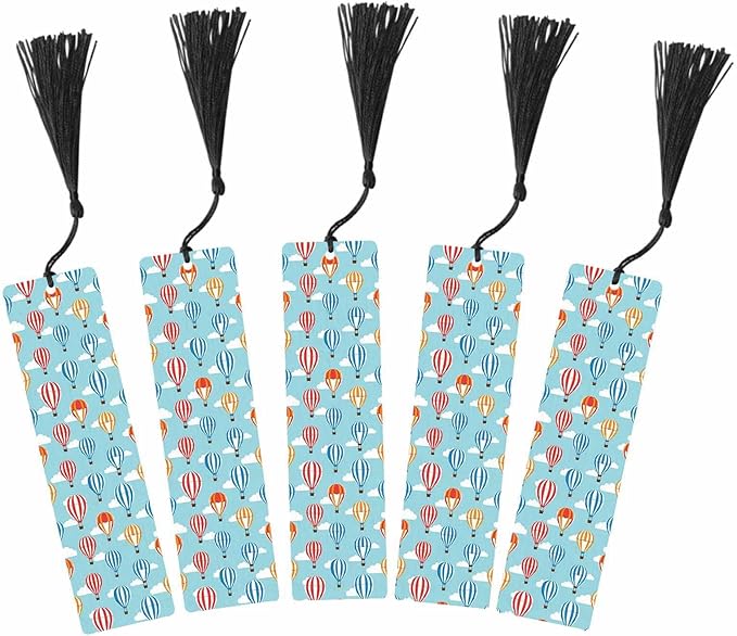 Hot Air Balloons 5 Pcs Bookmarks Colorful Festival Blue Sky White Clouds Wooden Bookmarks with Tassel for Students Reader Teachers Book Lovers