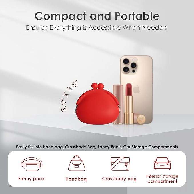 Coin Purse for Women – Silicone Small Coin Pouch with Kiss Lock for Coins, Keys, Lipstick, and Earphones – Mini Cute Change Purse, Coin Purse & Pouch for Daily Life, Cars, Travel, Party (Red)