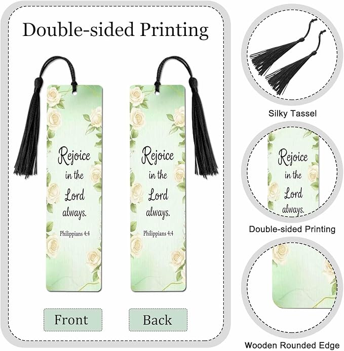 White Flowers Bookmarks 5 Pcs with Tassels Rejoice Bible Word Green Wooden Bookmarks for Reading Women Students Teacher Reader