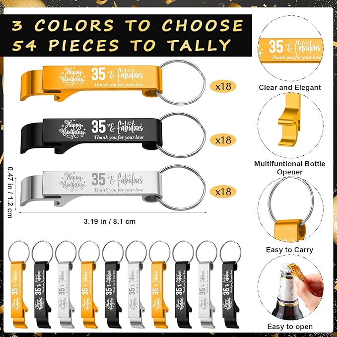 Dandat 54 Sets 35th Birthday Party Favors for Guests Birthday Beer Opener Keychain Cheers to 35 Bottle Opener Keychain with Thank You Cards and Gift Bags for Anniversary Wedding Party Favors