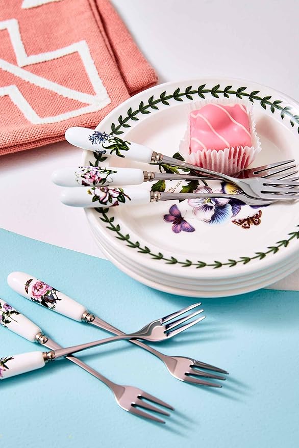 Portmeirion Botanic Garden 6" Pastry Forks (Set of 6) - Assorted Floral Motifs, Stainless Steel with Porcelain Handles, Chip-Resistant Glaze - Elegant Tableware for Sunday Brunch or Afternoon Tea