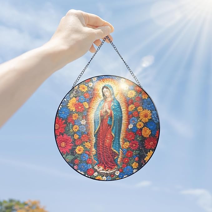 FLAGWIX Christian Gifts for Women - Virgen De Guadalupe Stained Glass Window Hanging 8 in - Religious Gifts for Women, Our Lady of Guadalupe Sun Catchers Indoor Window for Hanging Decor