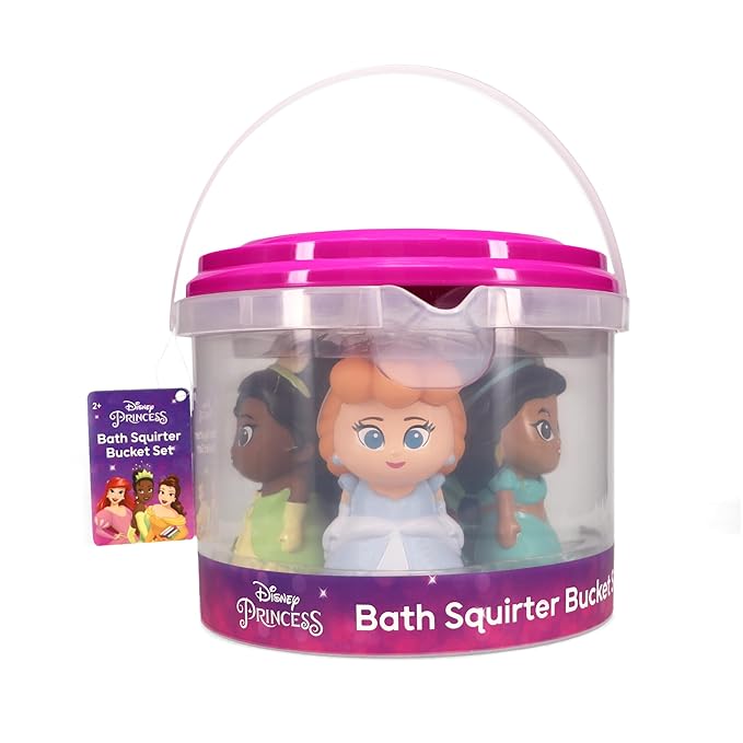 Disney Princess - 5 Piece Bath Squirter Bucket Set -Bath Toys for Baby and Toddlers - Includes Organizer Bucket - Store Bath Time Water Toys