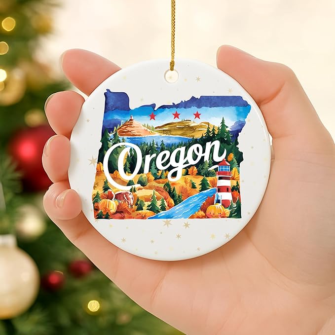 USA State Landmark Ceramic Ornament – Round Glossy Christmas Decoration Featuring U.S. State Art, Landmarks & Holiday Scenery – Collectible Travel Souvenir Ornament Series (Oregon)