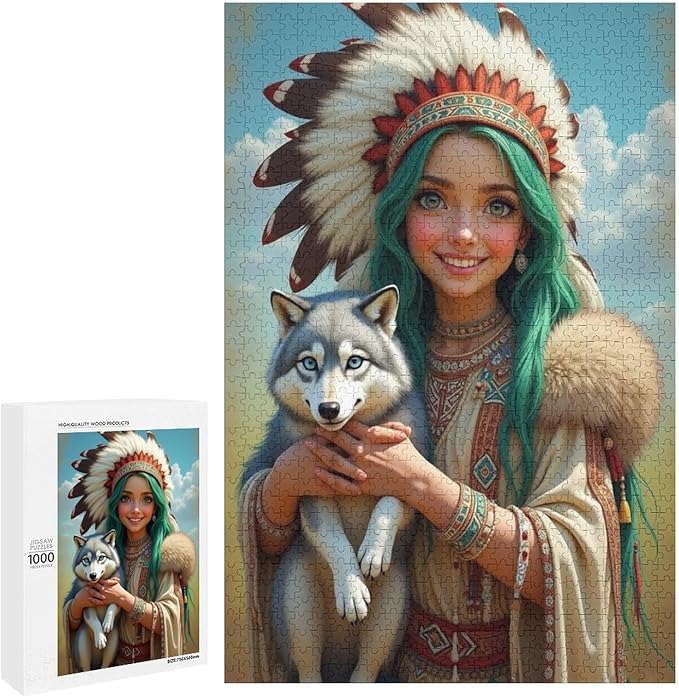 Puzzles for Adults 1000 Pieces Wooden Jigsaw Puzzle - Indian Beauty & Wolf，Native American Theme Puzzle，Party Games，Family Toys，Educational Puzzles，Stress Relief Wooden Puzzle，Home Decoration